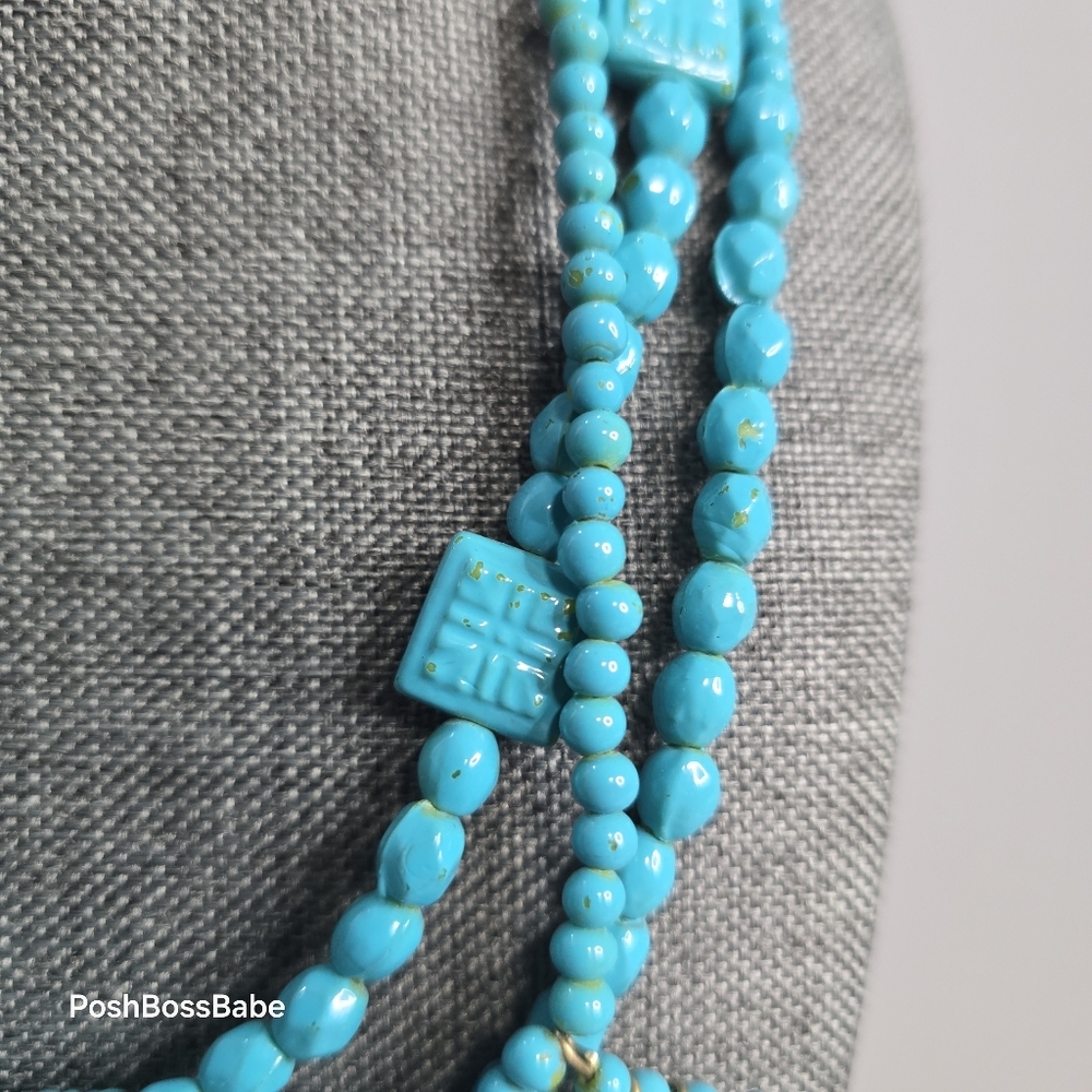 Layered Turquoise Bead Statement Bib Necklace Adj… - image 3